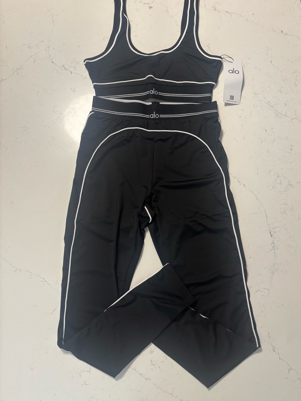ALO Yoga Kids Black Leggings with White Piping